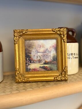 Vintage mini 1998 THOMAS KINKADE 4X4 gold frame art work.